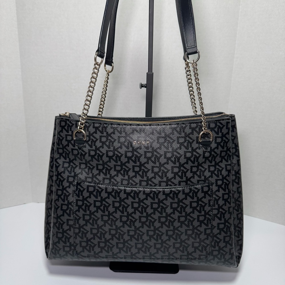 Donna Karen DKNY Black Monogram Logo Tote Shoulder Hand Bag Gold Chain #02509